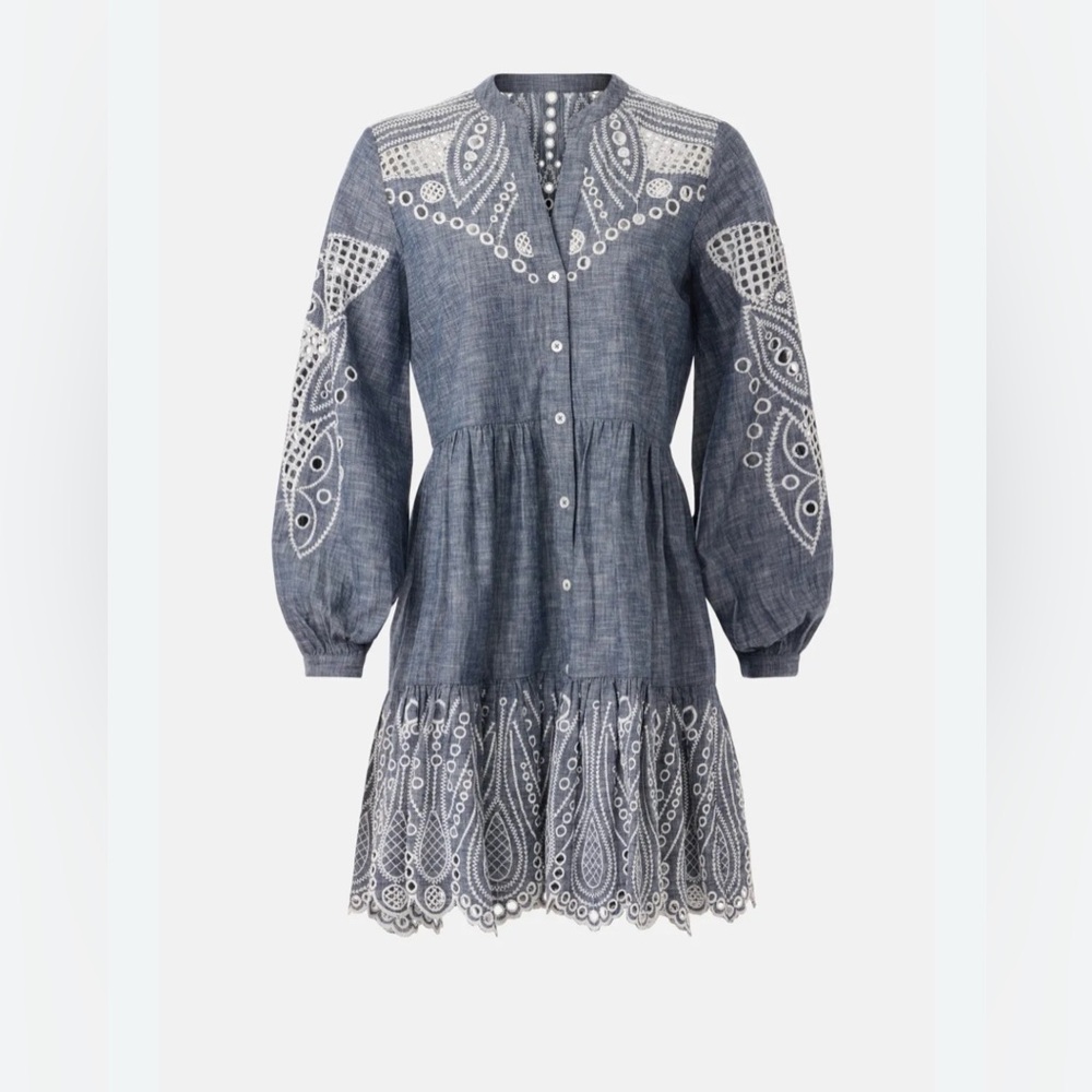 Veronica Beard Denim Blue Dress with White Embroidery